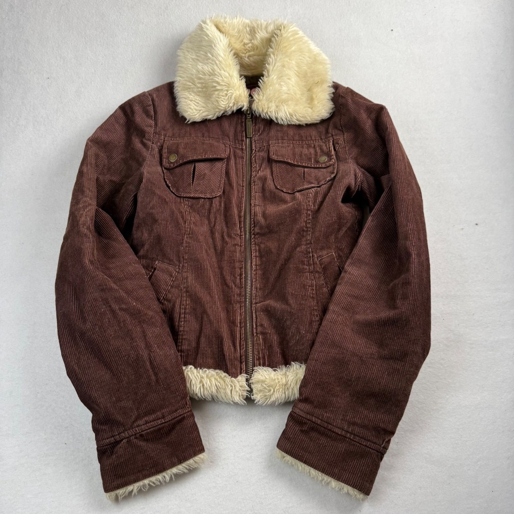 Seventy Seven Brown Corduroy Faux Fur Trim Jacket Womens Small Y2K Zip Up